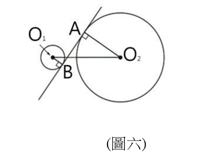 左側小圓（圓心O1）與右側大圓（圓心O2），O1、O2以直線相連；另有一條由左下到右上的直線，與小圓相切於B點、與大圓相切於A點，A、B處皆標有直角記號（表示切線與半徑垂直）。這條切線從兩圓之間穿過去，O1 與 O2 分別落在切線的兩側，也就是內公切線。