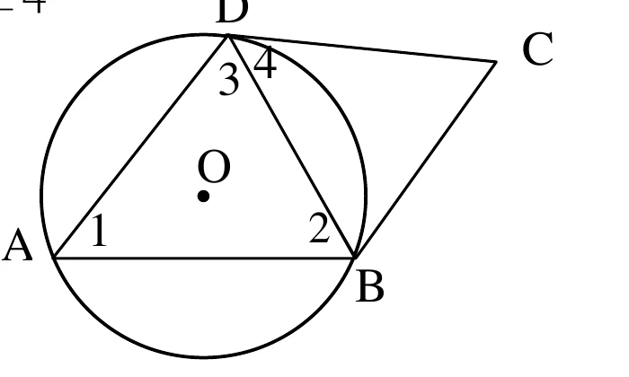 圓O：D在上方、A在左下、B在右下，三點皆在圓上，以直線AD、DB、AB相連構成三角形；另有一點C在圓外右上方，D、C之間以直線相連（即題幹所述切圓於D點的切線CD），使得D、B、C三點另構成一個外側三角形。角度標示：D 點附近由左至右標有 3、4——∠3 夾在弦 DA 與弦 DB 之間，∠4 夾在弦 DB 與切線 DC 之間；A 點內側標有 1（即 ∠DAB）；B 點內側標有 2（即 ∠ABD）；圖左上角另有一小段殘留字跡「-4」（前一題選項殘留，非本圖內容）。