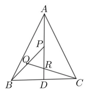 三角形ABC，A頂點在上、B左下、C右下。D在BC上為中點；A至D有一直線（中線AD），P為AD中點（P在線段AD上）。B至P有一直線（B、Q、P三點共線），Q為BP中點。另有一線段由C畫到Q（C-Q連線），此線與中線AD相交於R點（R僅為CQ與AD的交點，圖上未另標其他定義）。