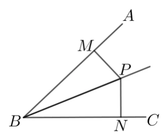 一個角 ∠ABC：頂點 B 在左下，一邊往右上延伸到 A、另一邊往右延伸到 C（B、N、C 近似共線，N 在 B 與 C 之間）。由 B 另引一條射線通過角的內部——那是角平分線，它穿過 P 之後仍繼續往右上延伸。P 在這條射線上，並分別連到 M（在 BA 這一邊上）與 N（在 BC 這一邊上）。圖上 M、N 兩處都沒有畫直角記號，PM⊥AB 與 PN⊥BC 是題幹用文字給定的。