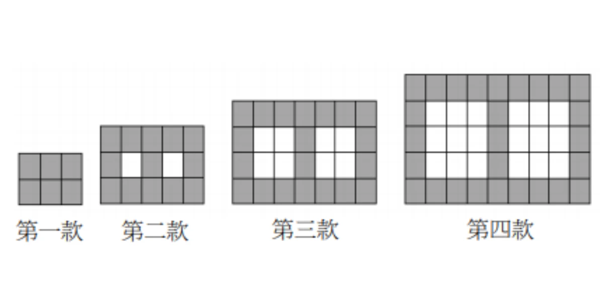 四張磁磚排列圖，皆為灰色格子包圍白色格子的矩形網格（每格等大的正方形）：第一款，3欄×2列共6格，全部為灰色，沒有白色格。第二款，5欄×3列共15格，最外圈（上下兩列、左右兩欄）全為灰色，中間那一列的第2欄與第4欄是白色（其餘為灰色），共2格白色、13格灰色。第三款，7欄×4列共28格，最外圈（上下兩列）全為灰色，中間兩列各為「灰、白、白、灰、白、白、灰」（第1、4、7欄維持灰色，第2~3欄與第5~6欄為兩個2欄寬的白色區塊），共8格白色、20格灰色。第四款，9欄×5列共45格，最外圈（最上、最下兩列）全為灰色，中間三列各為「灰、白、白、白、灰、白、白、白、灰」（第1、5、9欄維持灰色，其餘為白色，形成左右兩個3欄寬的白色區塊），共18格白色、27格灰色。