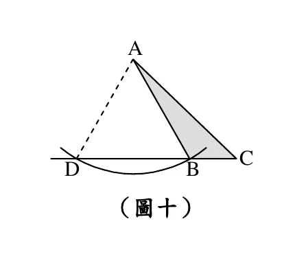 三角形 ABC 畫成灰色網底：A 在上方，B、C 在下方且 C 在 B 的右側。圖中有一條通過 B、C 的直線，並往 B 的左邊繼續延伸出去；D 落在這條線上、B 的左側，所以 D、B、C 由左至右在同一直線上。以 A 為圓心畫的一段弧跨過 D 與 B 之間（弧向下凸），D 就是這段弧與該直線在 B 左側的交點。$\overline{AD}$ 以虛線畫出；$\overline{AB}$、$\overline{AC}$、$\overline{BC}$ 為實線。