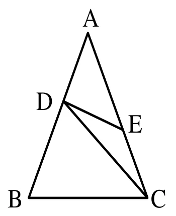三角形 ABC，A 在最上方、B 在左下、C 在右下，畫成瘦高的形狀。D 在 $\overline{AB}$ 上、大約在中點附近（略偏 A 那一側）；E 在 $\overline{AC}$ 上、大約在中點附近（略偏 C 那一側），圖上 E 的高度比 D 低一些。另外畫出兩條線段：D 連到 E、D 連到 C；E 沒有再連向其他點。