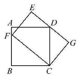 正方形ABCD，A左上、D右上、B左下、C右下。F在$\overline{AB}$邊上，靠近A的位置。由F往右上方連到E，再由E往右下方連到D，形成一個尖角朝上、頂點為E的三角形，緊貼在$\overline{AD}$邊上方。G在正方形右側外，由D往右下方連到G，再由G往左下方連到C，形成另一個尖角朝右、頂點為G的三角形，緊貼在$\overline{DC}$邊右側。另外由F畫一條對角線連到C（此線通過正方形內部）。