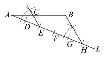 由 A 出發畫出兩條線：一條到 B（大致水平），C 在 A、B 之間；另一條由 A 起依序通過 D、E、F、G、H 五點（此線延伸標示為 L）。A 到 D、D 到 E、E 到 F、F 到 G、G 到 H 這五段，每一段上各畫有一道相同款式的刻度斜線。另外由 C 畫一條線段到 E；由 B 畫一條線段到 H，B 端與 H 端附近各畫有一道圓弧刻痕，A 端附近也畫有兩道圓弧刻痕。