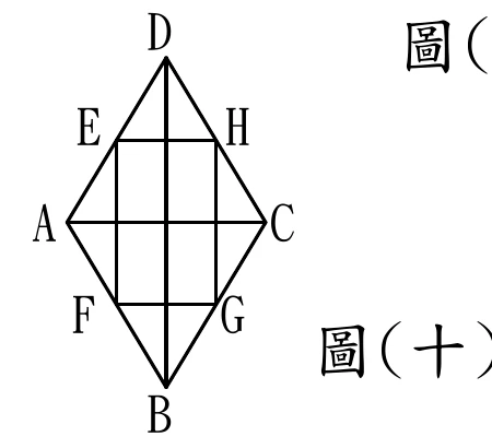 菱形ABCD，D在上、B在下、A在左、C在右；E在DA邊中點、H在DC邊中點、F在AB邊中點、G在CB邊中點，E、H、G、F依序連接成內部的一個小四邊形。
