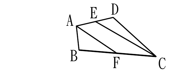 四邊形 $ABCD$，$A$ 在左上、$D$ 在右上、$B$ 在左下、$C$ 在右下（$C$ 明顯在右下方較遠處，整個四邊形往右下拉長）。$E$ 為 $\overline{AD}$ 的中點、$F$ 為 $\overline{BC}$ 的中點，兩點都以字母標在邊上。圖中另外畫了三條線段：$A$ 到 $F$、$A$ 到 $C$、$E$ 到 $C$。