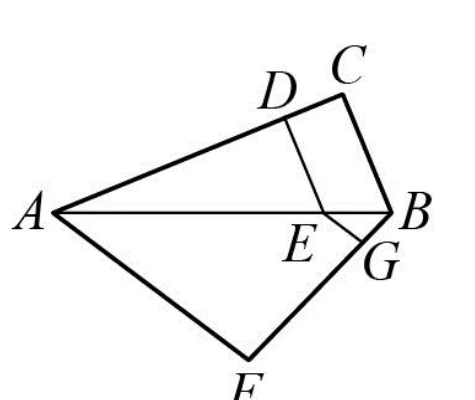 複合圖形，共有 A、B、C、D、E、F、G 七個標示點。A 在左、B 在右，兩點之間畫有線段 AB，E 在 AB 上（靠近 B 的一側）。由 A 往右上有一條線段到 D，D 再折向 C，C 再連到 B（D、C 與 A、B 的連線並非同一直線）；D 另有一條線段往下連到 E。由 A 往左下有一條線段到 F，F 再連回 B；G 標在 F 到 B 的這條線段上（位置在 E 的右下方、靠近 B），不在 AB 上。