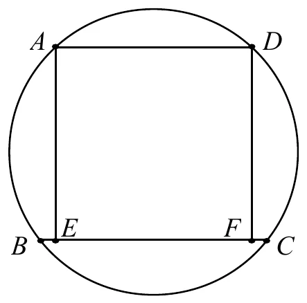 一個圓，圓上有A（左上）、D（右上）、B（左下）、C（右下）四點。正方形AEFD以A、D為上方兩頂點，E、F為下方兩頂點，E、F都落在線段BC上（E在B右側、F在C左側）。
