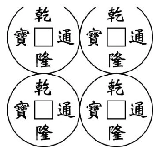 四個大小相同的圓形（代表古幣），排成2×2的方陣，同一列、同一行相鄰的圓彼此外切，對角的兩圓不相切。每個圓內都印有「乾隆通寶」四字，中央有一個正方形孔。