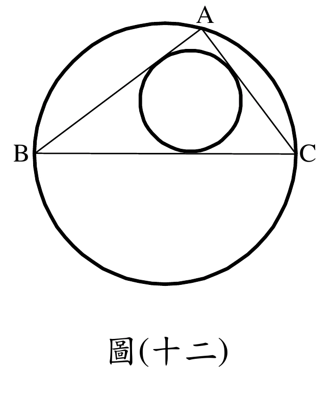 大圓內接三角形ABC：A在上方、B在左、C在右，$\overline{BC}$為大圓的直徑（通過圓心，B、C在圓上且連線為水平直徑）。三角形以線段$\overline{AB}$、$\overline{AC}$、$\overline{BC}$畫出。另有一個較小的圓，位於三角形內部偏右上方，與三角形三邊相切（小圓完全在大圓內）。