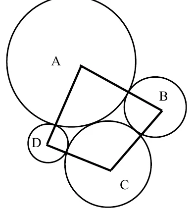 四個大小不同的圓，圓心分別標示 A、B、C、D：A 圓最大（左上）、C 圓次大（下方）、B 圓中等（右側）、D 圓最小（左下）。相鄰的圓兩兩外切：A 與 B、B 與 C、C 與 D、D 與 A 各相切於一點。圖上以粗黑線把四個圓心依序連成一個四邊形，四條邊就是 $\overline{AB}$、$\overline{BC}$、$\overline{CD}$、$\overline{DA}$；每一條邊都通過它所連的那兩個圓相切的那一點。