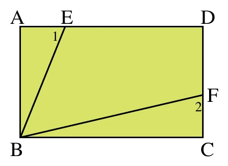 綠色長方形 $ABCD$：$A$ 左上、$D$ 右上、$B$ 左下、$C$ 右下。上邊 $\overline{AD}$ 上有一點 $E$（偏近 $A$ 側），右邊 $\overline{DC}$ 上有一點 $F$（偏近 $C$ 側）；由 $B$ 分別畫線段到 $E$、到 $F$。標號「1」印在 $E$ 的左下方、$\overline{EB}$ 的左側，標的是 $\angle AEB$；標號「2」印在 $F$ 的左下方、$\overline{FB}$ 的下側，標的是 $\angle BFC$。