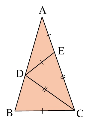 橙色三角形 $ABC$，$A$ 在頂端，$B$ 左下、$C$ 右下。$D$ 點在 $\overline{AB}$ 邊上（中段偏下，約在 $A$ 往 $B$ 的五分之三處），$E$ 點在 $\overline{AC}$ 邊上（偏近 $A$ 側，約五分之二處）；圖中另畫出 $\overline{DE}$ 與 $\overline{DC}$ 兩條線段。單一刻度符號標示 $\overline{AE}$ 與 $\overline{DE}$ 等長；雙刻度符號標示 $\overline{EC}$、$\overline{DC}$、$\overline{BC}$ 三段等長。