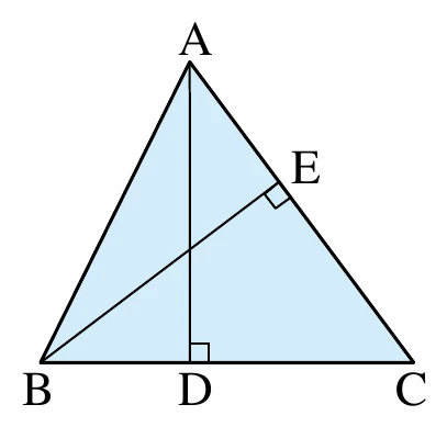 淺藍色三角形 $ABC$，$A$ 為頂點，$B$ 左下、$C$ 右下。$D$ 點在 $\overline{BC}$ 邊上（中央偏左），$\overline{AD}$ 畫有線段且 $D$ 處標有直角記號；$E$ 點在 $\overline{AC}$ 邊上（偏近 $A$ 側，約 $A$ 往 $C$ 的五分之二處），$\overline{BE}$ 畫有線段且 $E$ 處標有直角記號。