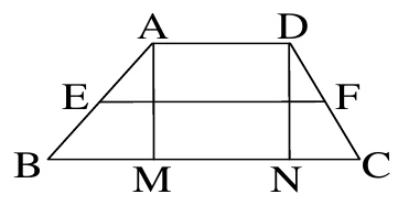 梯形ABCD：A在上左、D在上右（AD為上底，較短），B在下左、C在下右（BC為下底，較長）；E點在AB邊上（腰的中點附近），F點在DC邊上（腰的中點附近），E、F之間畫有一條水平連線段。另外M點在BC上（E正下方附近）、N點在BC上（F正下方附近），圖中畫出A到M、D到N兩條鉛直線段（將梯形分成左右兩個直角三角形與中間的正方形AMND）。