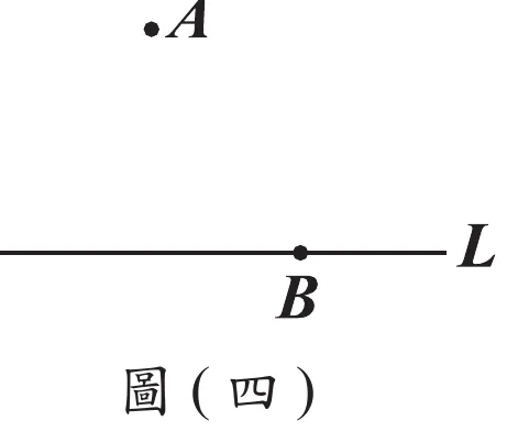 圖(四)：A點在上方偏左，其下方有一條水平直線L，B點在直線L上、位置在A點的右下方（A不在直線L上）