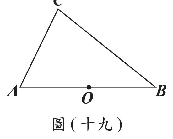 圖(十九)：銳角三角形ABC，A在左下角、B在右下角、C在最上方頂點；O點標示在AB邊的中點上