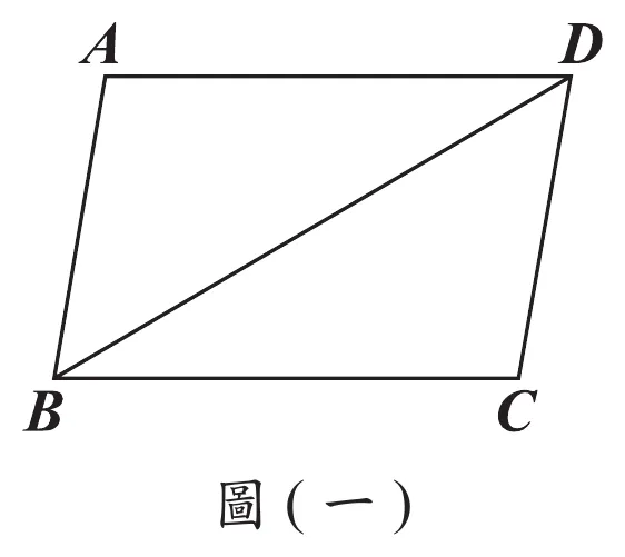 圖(一)：平行四邊形ABCD，A在左上、D在右上、B在左下、C在右下，對角線BD由左下往右上連接B與D，將∠ABC分成∠ABD與∠DBC兩部分