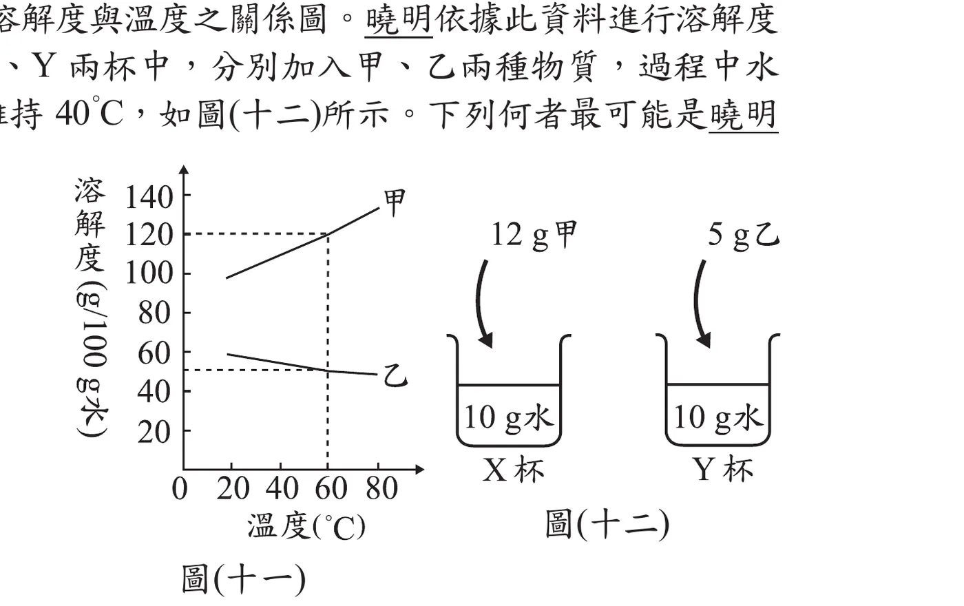 圖(十一)：溶解度(g/100g水)為縱軸(0～140，刻度間隔20)、溫度(°C)為橫軸(0～80，刻度間隔20)的關係圖，兩條實線分別標示「甲」與「乙」：甲線由左下往右上傾斜，20°C處約100、經過60°C處以垂直虛線標示對應溶解度約120（虛線同時對到縱軸120與橫軸60）；乙線幾乎水平、由左側20°C處約60緩緩下降至60°C處虛線對應約50，60°C以後持平。圖(十二)：兩個燒杯並排，皆盛裝「10 g水」，左杯上方以箭頭標示「12 g甲」正倒入杯中並標示「X杯」，右杯上方以箭頭標示「5 g乙」正倒入杯中並標示「Y杯」。