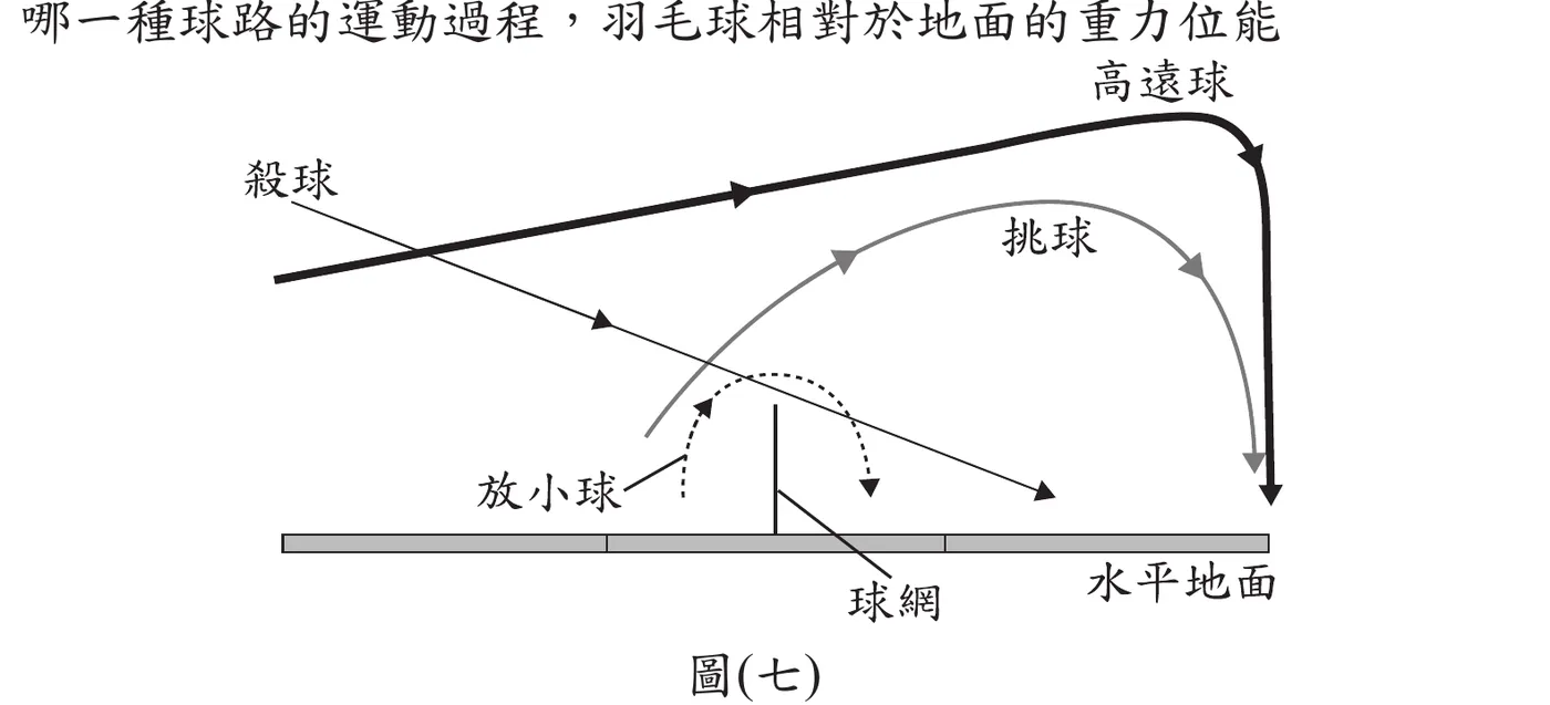 圖(七)：水平地面上方繪有球網，四種羽毛球路徑以線段與箭頭表示：「殺球」為一條由左上方（較高處）向右下方（較低處，落於對方場地）斜直下降的粗黑線段，箭頭朝右下；「高遠球」為一條由左側（較低處）先上升越過球網上方再持續朝右上方延伸、最後於右側高處以近乎垂直的粗黑線段急速下降落地的軌跡，箭頭先朝右上、末端箭頭朝下；「挑球」為一條灰色弧線，由己方場地附近上升過網後，在對方場地上空呈拋物線緩降，弧線頂點不高，箭頭沿弧線方向；「放小球」為球網附近一段短的黑色虛線弧，由己方擊球點微微弧起、緊貼球網上緣落至對方場地前緣，弧度小、路徑短，箭頭朝右下方。