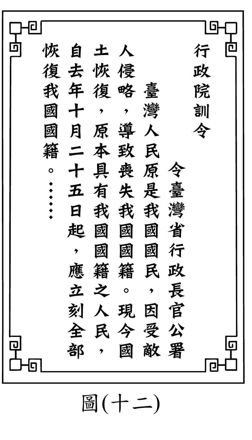 圖(十二)：邊框裝飾的官方公文書影像，直書文字，標題「行政院訓令」，內容為：「令臺灣省行政長官公署　臺灣人民原是我國國民，因受敵人侵略，導致喪失我國國籍。現今國土恢復，原本具有我國國籍之人民，自去年十月二十五日起，應立刻全部恢復我國國籍。……」