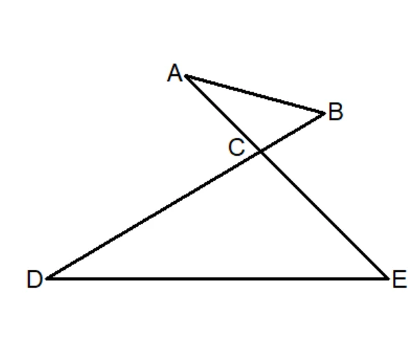 四點 D（左下）、E（右下）為底線 $\overline{DE}$ 的兩端。A 在上方偏左、B 在其右側稍低處，A、B 之間畫有線段 $\overline{AB}$。另畫兩條長線段：$\overline{AE}$（由 A 連至 E）與 $\overline{BD}$（由 B 連至 D），兩者在中央偏上處相交於 C 點。
