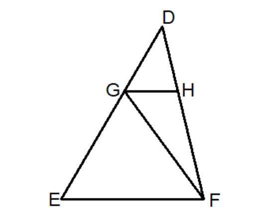 $\triangle DEF$：D 在上方、E 在左下、F 在右下。G 為 $\overline{DE}$ 上一點，H 為 $\overline{DF}$ 上一點（G、H 高度相近），G、H 之間畫有線段 $\overline{GH}$，平行於底邊 $\overline{EF}$。另畫一條線段 $\overline{GF}$，由 G 連至 F，與 $\overline{GH}$、底邊共同圍出下方區域。