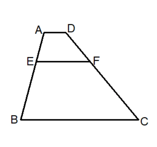 梯形ABCD：上底 $\overline{AD}$（A 在左、D 在右，較短），下底 $\overline{BC}$（B 在左下、C 在右下，較長）。兩腰為 $\overline{AB}$（左側）與 $\overline{DC}$（右側，較斜）。E 在腰 $\overline{AB}$ 上，F 在腰 $\overline{DC}$ 上，E、F 高度相近，兩點間畫有線段 $\overline{EF}$，平行於上底與下底。