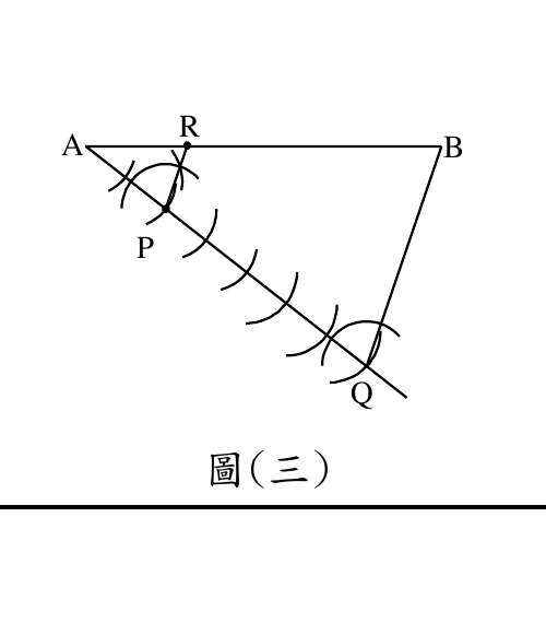 線段 AB（A 在左、B 在右）上標示一點 R（偏左側，靠近 A）；由 A 出發以圓規在 AR 方向的延伸線上等距畫出一連串弧線標記，依序通過 P 點，一路延伸到右下方的 Q 點，構成典型的尺規等分（或量取等長）作圖痕跡；B 點以短直線與 R 相連。