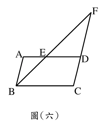 平行四邊形 ABCD：A 在左上、B 在左下、C 在右下、D 在右上；E 在上邊 AD 上（在 A 與 D 之間）。F 在圖形外的右上方：由 B 出發通過 E 的直線延伸到 F，而 F、D、C 三點共線（D 在 F 與 C 之間），也就是 F 在 CD 的延長線上。圖中畫出線段 BF（通過 E）與線段 FC（通過 D）。