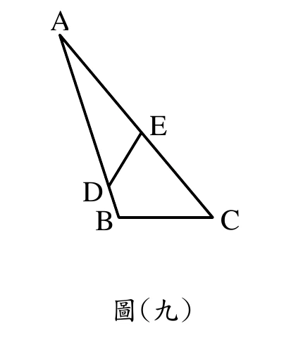 △ABC：A 在左上角，B 在下方、C 在右下角（A 到 B 這條邊接近鉛直、整個三角形偏細長）。D 在 AB 邊上、靠近 B 的那一端；E 在 AC 邊上。圖中畫出線段 DE。