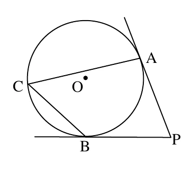 一個圓，圓心標示 $O$。圓周上三點：$C$ 在左側、$A$ 在右上方、$B$ 在下方。由 $C$ 畫一條線段經過圓內部連到 $A$（此線段不通過圓心 $O$，$O$ 落在該線段下方）；另由 $C$ 畫一條線段連到 $B$。過 $A$ 點有一條直線與圓相切，往右下方延伸；過 $B$ 點有一條水平直線與圓相切，往右延伸；這兩條切線在圓外右側交於一點，標示 $P$。