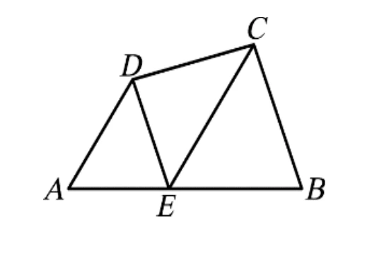 底邊上三點依左至右為 $A$、$E$、$B$ 共線。$D$ 在 $A$、$E$ 上方偏左處，$C$ 在 $E$、$B$ 上方偏右處（$C$ 高於 $D$）。畫出的線段有：$A$ 到 $D$、$D$ 到 $E$、$A$ 到 $E$（構成左側三角形 $ADE$）；$D$ 到 $C$、$E$ 到 $C$、$E$ 到 $B$、$C$ 到 $B$（構成右側區域），使整體呈現由 $E$ 點向外展開的相鄰三角形排列，$D$、$C$ 兩點皆不在底線上。