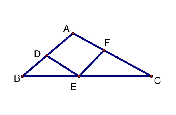 一個三角形，$B$ 在左下角、$C$ 在右下角、$A$ 在上方，$\overline{BC}$ 為底邊。$D$ 點在 $\overline{AB}$ 上、$F$ 點在 $\overline{AC}$ 上、$E$ 點在底邊 $\overline{BC}$ 上；另畫出 $D$ 到 $E$、$E$ 到 $F$ 兩條線段，與 $\overline{AD}$、$\overline{AF}$ 圍成四邊形 $A$-$D$-$E$-$F$。六個點都標有小圓點。