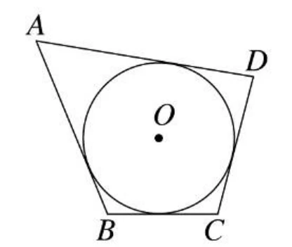 一個四邊形，四個頂點依序為 $A$（左上）、$D$（右上）、$C$（右下）、$B$（左下），四邊形內有一個圓，圓心標示 $O$，四邊形的四條邊皆與圓周相切（每邊各與圓周有一個切點）。