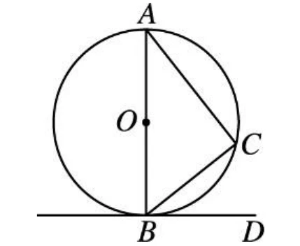 一個圓，圓心標示 $O$。圓上三點：$A$ 在最上方，$B$ 在最下方，$A$ 與 $B$ 之間畫有一條通過圓心 $O$ 的線段（豎直方向）；$C$ 在圓的右側。線段連接 $A$ 到 $C$、$B$ 到 $C$，構成三角形 $ABC$。圓下方另有一條水平線通過 $B$ 點，向左、向右都有畫出，右側標 $D$（$D$ 在 $B$ 的右側、圓外）。