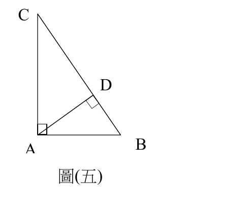 直角三角形 ABC：A 在左下角（直角頂點，∠BAC=90°）、C 在上方、B 在右下角；D 在 BC 邊上（斜邊，靠近 B 側），AD 為由 A 畫向 D 的線段；A 處與 D 處皆標有直角記號（A 處為 ∠BAC=90°，D 處為 AD⊥BC）。
