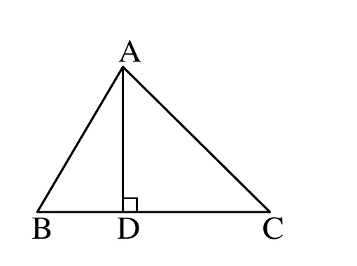 三角形 $ABC$，$A$ 在上方頂點，$B$ 在左下角，$C$ 在右下角，$D$ 在 $B$、$C$ 之間的底邊上；由 $A$ 向 $D$ 畫一條垂直線段，$D$ 處標有直角記號，表示 $\overline{AD}\perp\overline{BC}$。