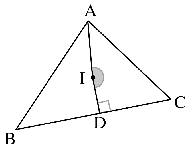 三角形 ABC：A 在上方、B 在左下、C 在右方。D 在 BC 上，D 處有直角記號表示 ID 垂直 BC。畫有 A 到 I、I 到 D 兩段線段，兩段在 I 處略為彎折，並不在同一直線上。I 以黑點標示，I 的右側（靠 C 的一側）有一個灰色的角記號，標示 ∠AID。