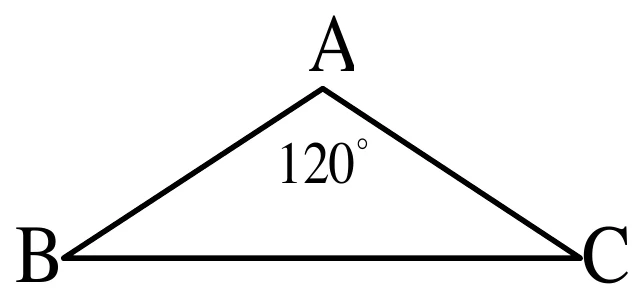 三角形，頂點A在上方、內側靠A處標有角度120°；B在左下、C在右下。三邊AB、AC、BC皆以直線畫出，圖上未另外標示AB與AC等長的記號或外心位置。