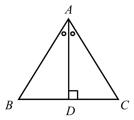 三角形ABC，A在上方頂點，B在左下角，C在右下角，D在底邊BC上（介於B、C之間）。線段AD由A畫到D，在D處標有直角記號。A頂點處、AD左右兩側各有一個小圓圈記號，表示以此符號標示AD兩側的角相等。