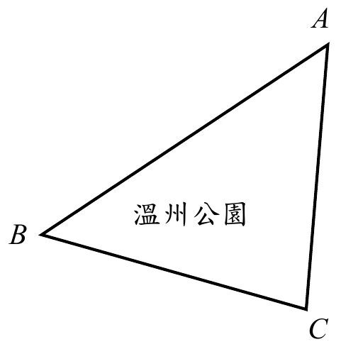 三角形，內部置中標示文字「溫州公園」。B在左側頂點，A在右上方頂點，C在右下方頂點，三邊長度明顯不相等。