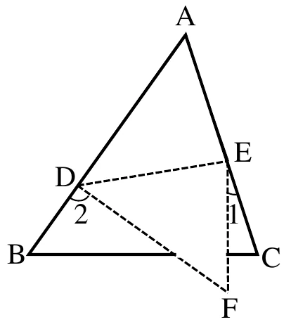 三角形ABC，A在上方頂點，B在左下角，C在右下角。D在邊AB上（介於A、B之間，較靠近B側，約在AB全長的68%處）；E在邊AC上（介於A、C之間，約在AC全長的56%處）。由D到E、D到F、E到F各畫有一條虛線，F在B、C下方偏右處。∠2標於D處，在DB與虛線DF之間；∠1標於E處，在EC與虛線EF之間。