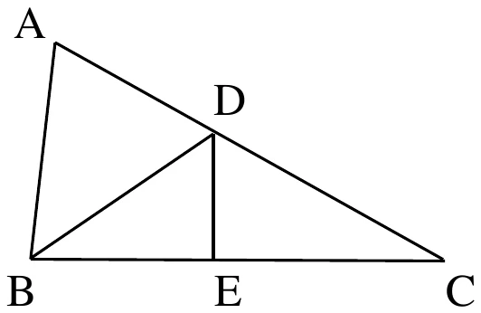 三角形 $ABC$：$A$ 在左上、$B$ 在左下、$C$ 在右下（$\overline{BC}$ 為水平的底邊，$\overline{AC}$ 由左上往右下傾斜）。$D$ 在 $\overline{AC}$ 上、$E$ 在 $\overline{BC}$ 上。圖上另外只畫了兩條線段：$\overline{BD}$（由 $B$ 往右上連到 $D$）與 $\overline{DE}$（由 $D$ 鉛直向下連到 $E$，與 $\overline{BC}$ 垂直）。