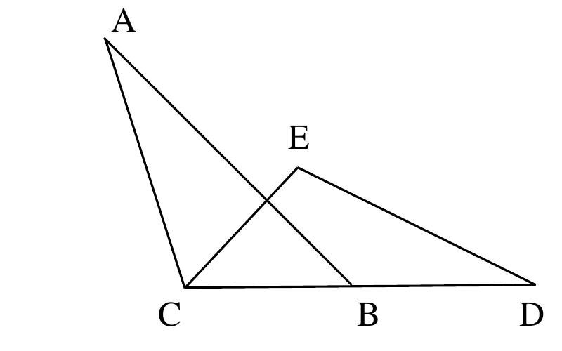 $C$、$B$、$D$ 三點在同一條水平基線上（由左至右依序為 $C$、$B$、$D$）。$A$ 在基線上方偏左，$E$ 在基線上方、位於 $B$ 與 $C$ 之間的上方。
圖上畫出四條線段：$\overline{AC}$、$\overline{AB}$、$\overline{EC}$、$\overline{ED}$。其中 $\overline{AB}$ 與 $\overline{EC}$ 在圖形內部相交（交點沒有標字母）。