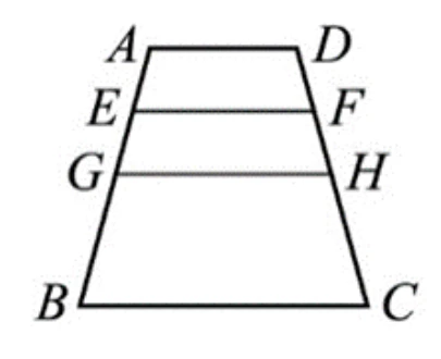 梯形ABCD：A左上、D右上（AD為上底，較短），B左下、C右下（BC為下底，較長）。E在A、G之間，G在A、B之間（AB邊上，由上到下依序為A、E、G、B）；F在D、H之間，H在D、C之間（DC邊上，由上到下依序為D、F、H、C）。E、F之間畫一線段；G、H之間畫一線段。