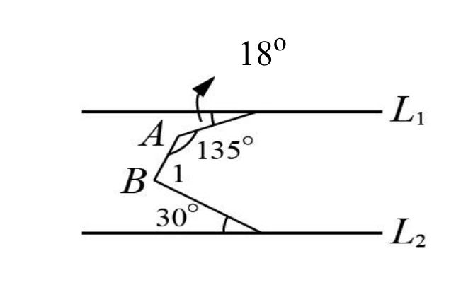 $L_1$（上）與$L_2$（下）為兩條水平線，互相平行。一條之字形折線由$L_1$上方某處，經過$L_1$上一點（標A），轉折至B，再轉折後到達$L_2$上一點。A處：往左上方延伸出一射線（超出$L_1$），與$L_1$的夾角標$18°$；A處另一夾角（在$L_1$右側與往B方向的線段之間）標$135°$。B處為折線的轉折點，標示∠1（在往A方向與往$L_2$方向的線段之間）。折線與$L_2$的交點處，標$30°$（在往B方向的線段與$L_2$右側之間）。