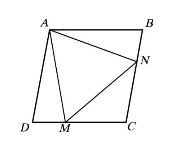菱形ABCD：A左上、B右上、C右下、D左下。M在$\overline{DC}$上（D、C之間，較靠近D）。N在$\overline{BC}$上（B、C之間，較靠近B）。由A到M、A到N、M到N各畫一線段，形成三角形AMN。