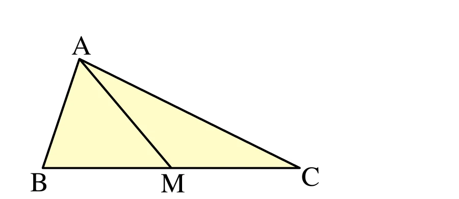 三角形 ABC：A 在上方頂點，B、C 為底邊兩端點（B 左、C 右）。M 在 BC 上，從 A 到 M 畫一條線段，將三角形分成左右兩塊 △ABM 與 △ACM。